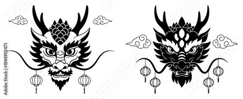 Traditional chinese dragon heads with hanging lanterns and clouds