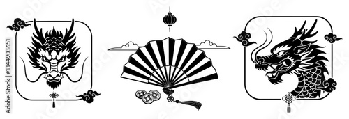 Set of traditional Chinese decorative symbols featuring dragons and a folding fan with lucky coins