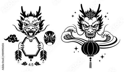 Festive Chinese dragon characters holding lanterns and firecrackers for new year celebration