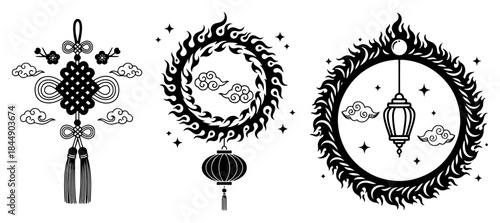 Traditional chinese knot and circular flame borders with hanging lanterns