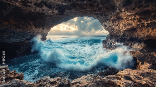 Ocean waves frozen mid-crash, forming crystalline cave-like structures, surreal landscape, impossible photography
