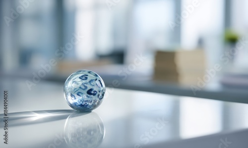 A glass ball is sitting on a table
