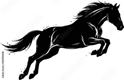 Jumping Horse Silhouette Negative Space Ink Style. Dynamic Black Vector Animal Leaping with White Brush Details Isolated on White