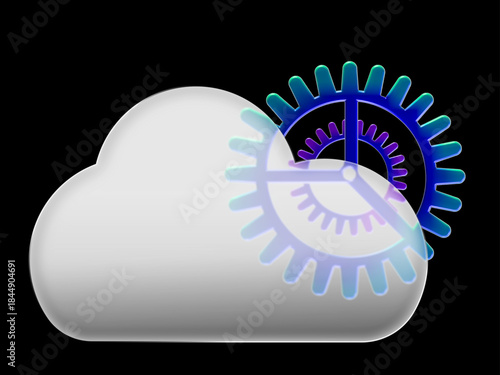 3D white cloud icon with glossy gear settings glass morphism. Modern cloud computing and technology processing concept. Software configuration symbol on grey background.