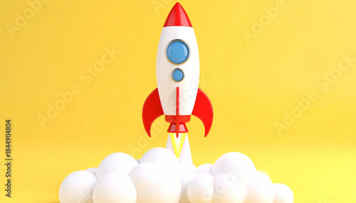 Rocket startup launch business success growth future innovation goal progress bright toy rocket taking off with clouds and yellow background
