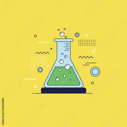 Illustration of a Chemical Erlenmeyer Flask with Bubbling Green Liquid.