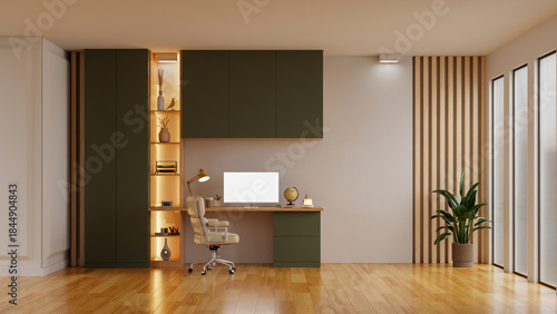 Bild auf Leinwand Modern home office interior with wooden floor, desk workspace, storage cabinet,