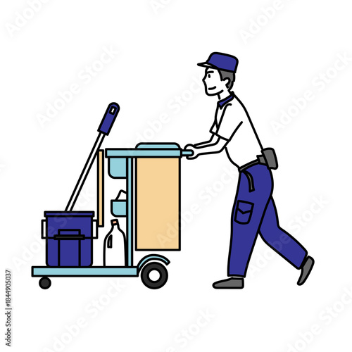 清掃カートを押して業務にあたる清掃員の男性イラスト｜ビルや施設で働くサービススタッフの仕事風景を表現したシンプルで使いやすい人物素材