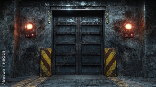 Entrance to a subterranean advanced research facility, heavy blast doors, stark warning lights, futuristic industrial