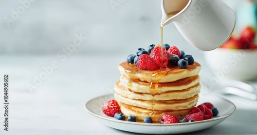 Stack of pancakes with fresh berries and maple syrup being poured from a pitcher for breakfast or brunch on a light background tabletop