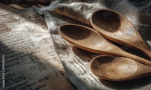 Four wooden spoons are on a table