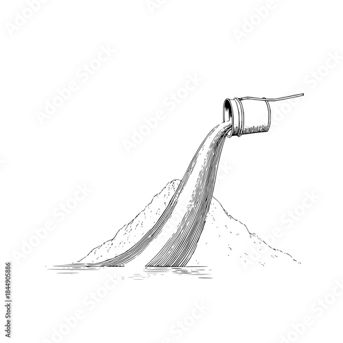 Illustration of a container pouring a stream of material onto a pile in a monochrome drawing style