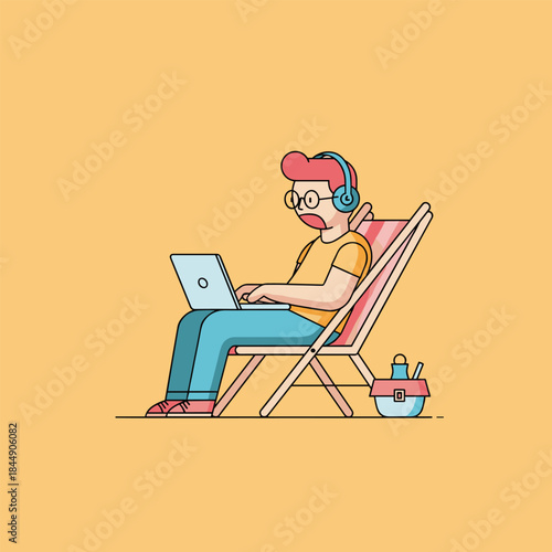 Cartoon man working on laptop in beach chair with headphones.