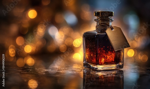 A bottle of alcohol with a tag on it