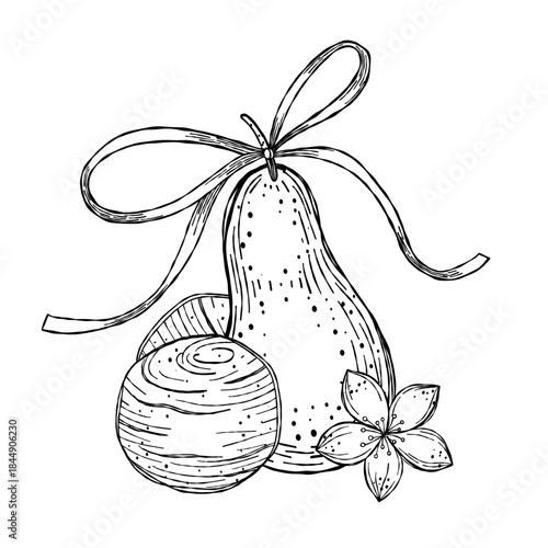 Vector illustration of hand-drawn pear with flower, ribbon bow and ice-cream balls in black and white line art. Ideal for labels, postcards, and product design