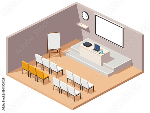 An isometric view of a modern seminar room features a raised podium with a laptop, a large projection screen, and neat rows of white and yellow chairs on a wooden floor