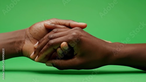 Interlocked Dark-Skinned Hands Symbolizing Unity, Support, and Connection on a Vibrant Green Background