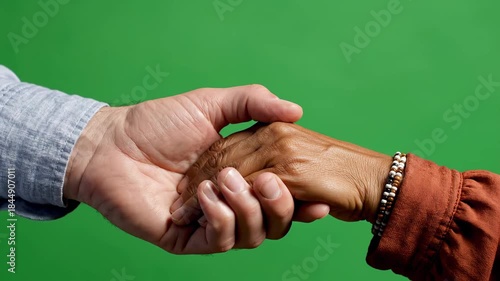Interracial hands gently clasped in a gesture of support and unity against a vivid green backdrop, symbolizing human connection, care, and diversity.