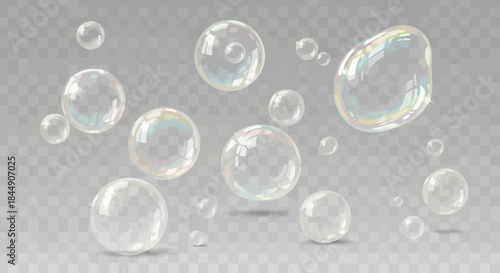 Collection of iridescent soap bubbles floating in a transparent environment design