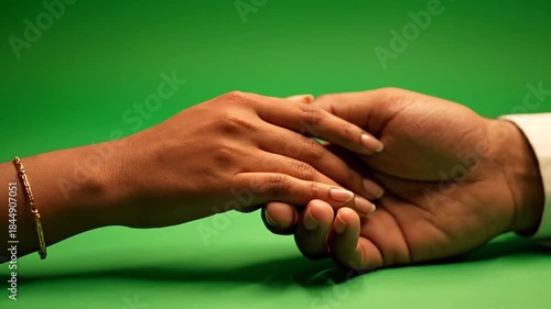 Tender Intertwined Hands Showing Connection and Love on a Vibrant Green Background