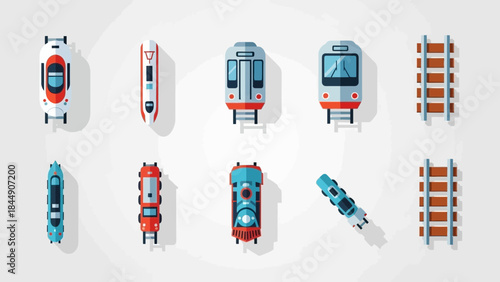 Colorful train vector art illustration depicting railway tracks and locomotive designs