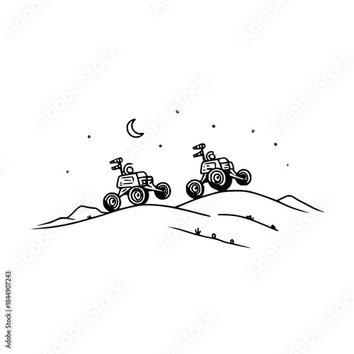 Two lunar rovers exploring a desolate landscape under the moonlight and scattered stars in the sky above
