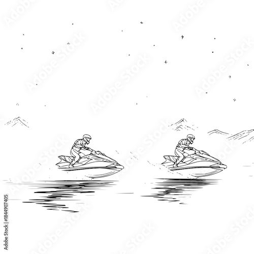 Two jet skis with riders on the water with mountains and stars in the background in a monochrome drawing