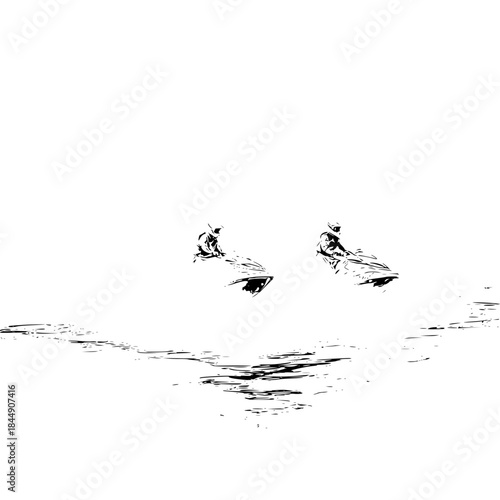 Two people riding jet skis on the water in a black and white illustration with water ripples visible