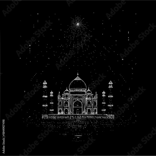 Illustration of the taj mahal at night with a starburst effect and scattered stars in the sky above it