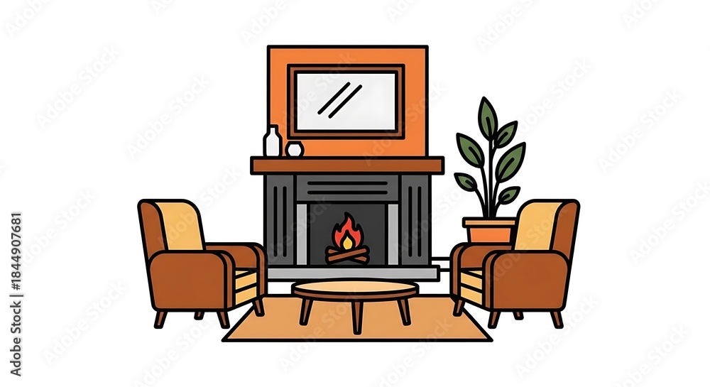 Fototapeta premium Cozy Living Room with Fireplace and Armchairs Illustration.