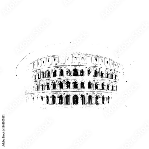 Illustration of the colosseum in rome italy with arches and windows in black and white sketch style