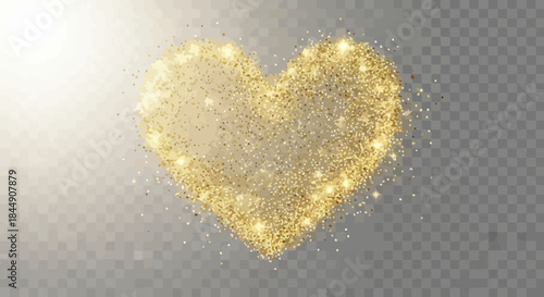 Golden glittering heart on transparent background represents love and romance
