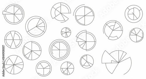 Monochrome circles dissected into sections, representing data visualizations