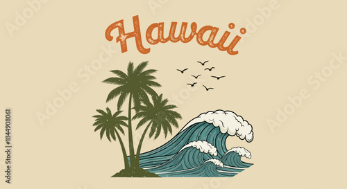 Retro Hawaii illustration with palm trees, ocean waves and birds silhouette graphic