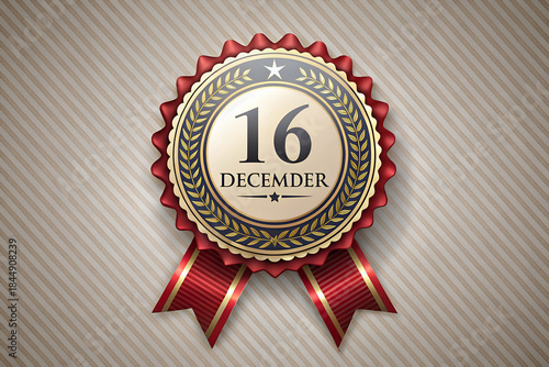 Decorative award ribbon badge with the date 16 december prominently displayed on a beige background with subtle diagonal stripes symbolizing a special day or event commemoration