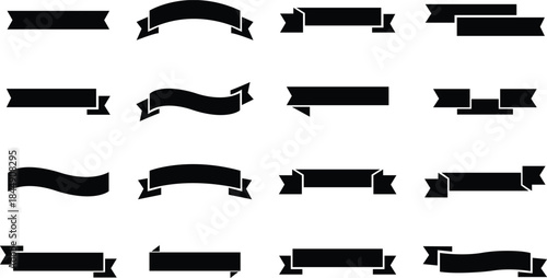 Ribbon banner black flat icons set. Decorative strip silhouette, award tag signs, Vintage vectors illustration for project designs branding and presentation isolated on transparent background.