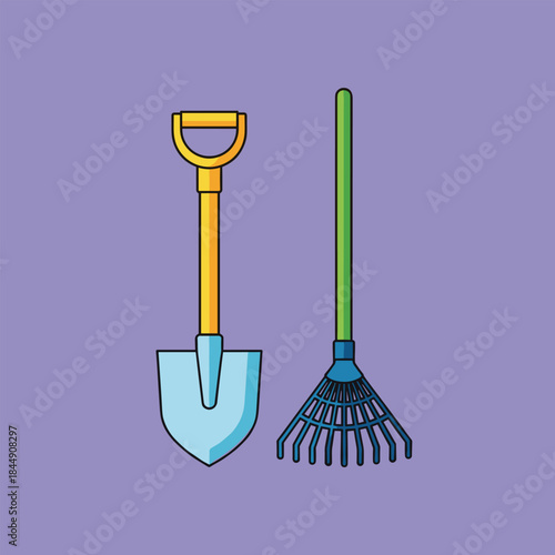 Illustration of a shovel and rake for gardening tasks.
