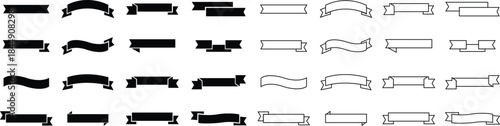 Ribbon banner black flat and line icon set. Decorative strip silhouette, award tag signs, Vintage vectors illustration for project designs branding and presentation isolated on transparent background.