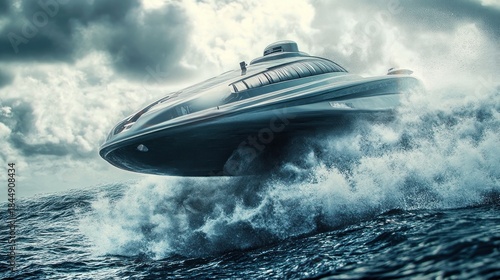 Hydrofoil research vessel, skimming the surface at high speed, advanced sensor pod beneath, dynamic action shot, ocean spray