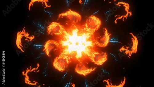 Dynamic fiery explosion with symmetrical patterns and radiating energy against a dark background, resembling a magical or elemental burst.