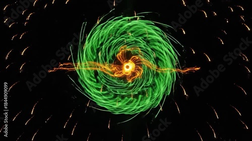 Dynamic Green and Orange Particle Vortex with Streaking Light Trails on Dark Background, Abstract Energy Flow Digital Art