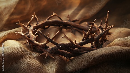Crown of Thorns Detail Religious Symbol on Burlap Fabric, Easter and Holy Week Theme