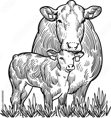 Vintage hand drawn sketch of cattle and calf on grass