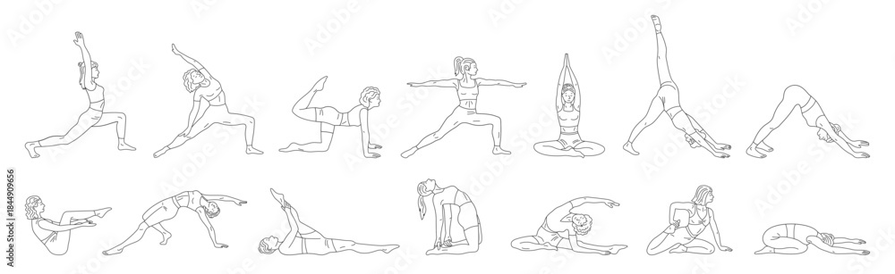 Obraz premium Women do yoga and Pilates exercises line set. Healthy wellness lifestyle. Slim woman doing various fitness stretching, meditation and relaxation, gym sport body training doodle vector illustration