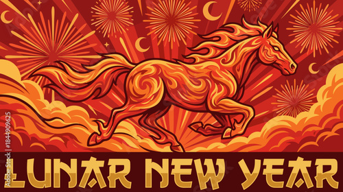 Fire horse artwork celebrating Chinese New Year and the Year of the Horse, featuring zodiac symbolism, lanterns, flames, and festive lunar holiday atmosphere.