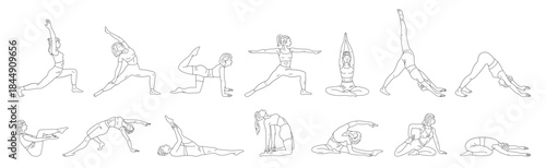 Women do yoga and Pilates exercises line set. Healthy wellness lifestyle. Slim woman doing various fitness stretching, meditation and relaxation, gym sport body training doodle vector illustration
