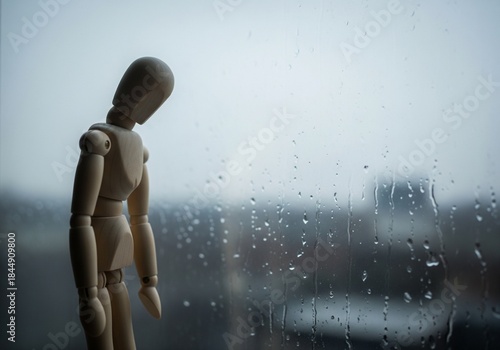 Wooden Mannequin by the Window on a Rainy Day