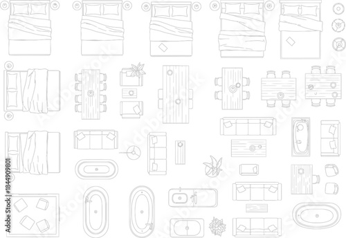 Top view set of furniture plan symbols for interior design and architectural layouts