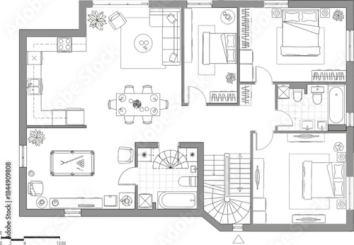 Architectural floor plan blueprint detailing a multi-room residential layout with furniture