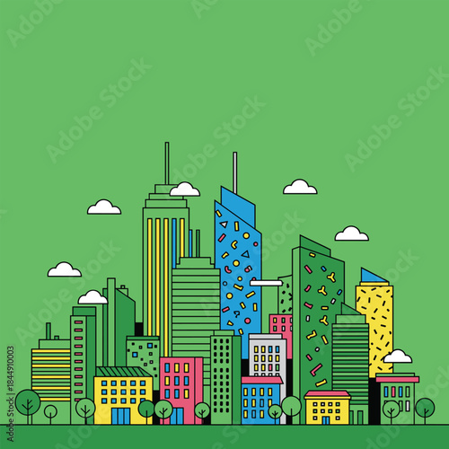 Vibrant Cityscape Illustration with Modern Buildings and Green Spaces.